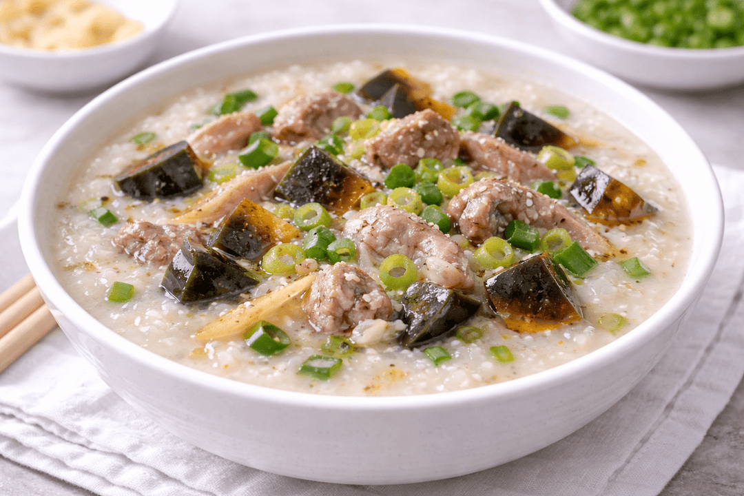 Congee: Traditioneller chinesischer Reisbrei mit Pidan & Fleisch - MAOMAO