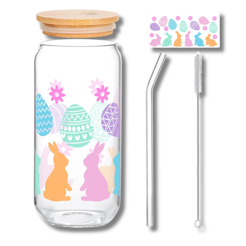 Alphynix Easter Glass 500ml with Bamboo Lid & Straw – Strawberry, Cherry & Kale Design