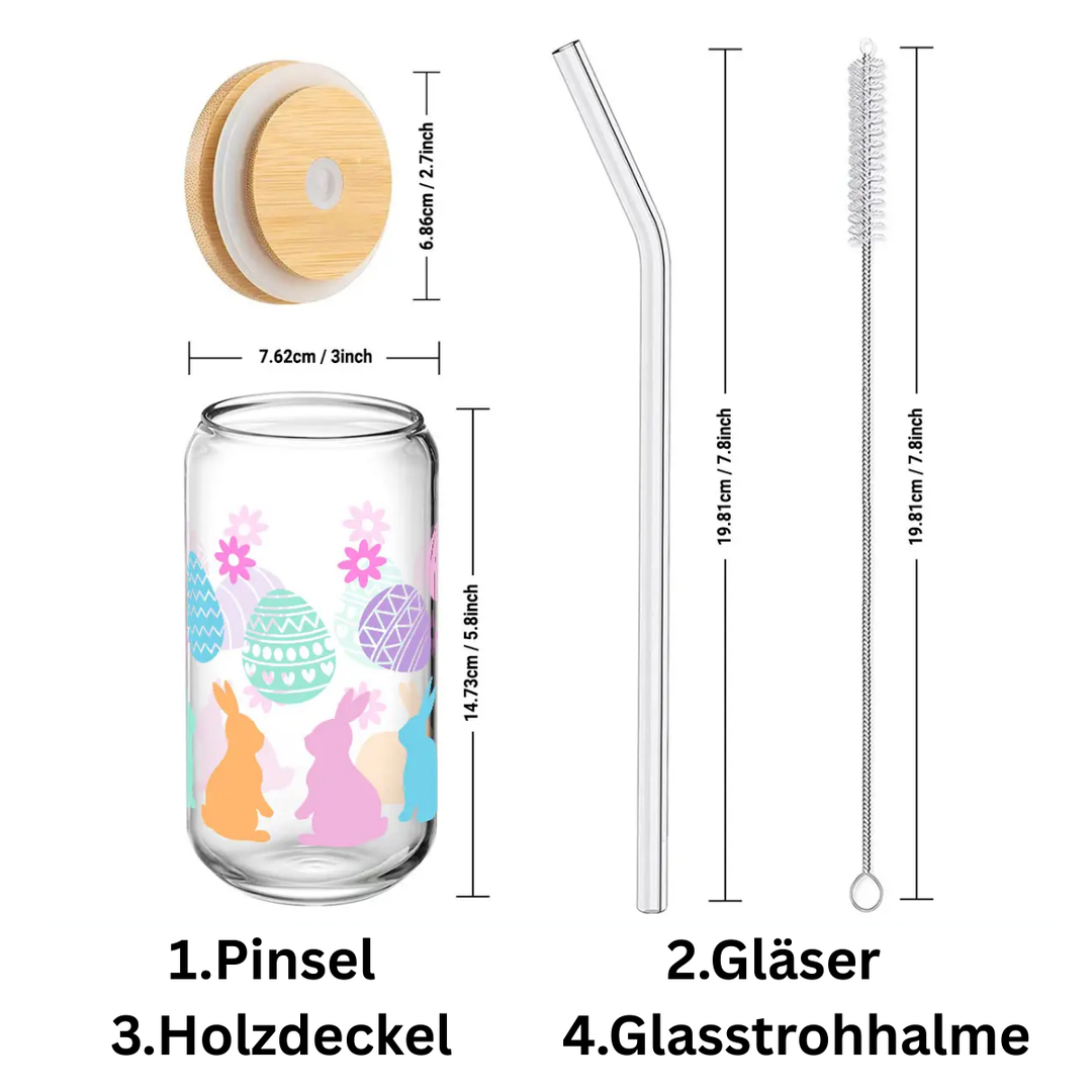 Alphynix Oster-Glas 500ml mit Bambusdeckel & Strohhalm – Erdbeere, Kirsche & Grünkohl Design