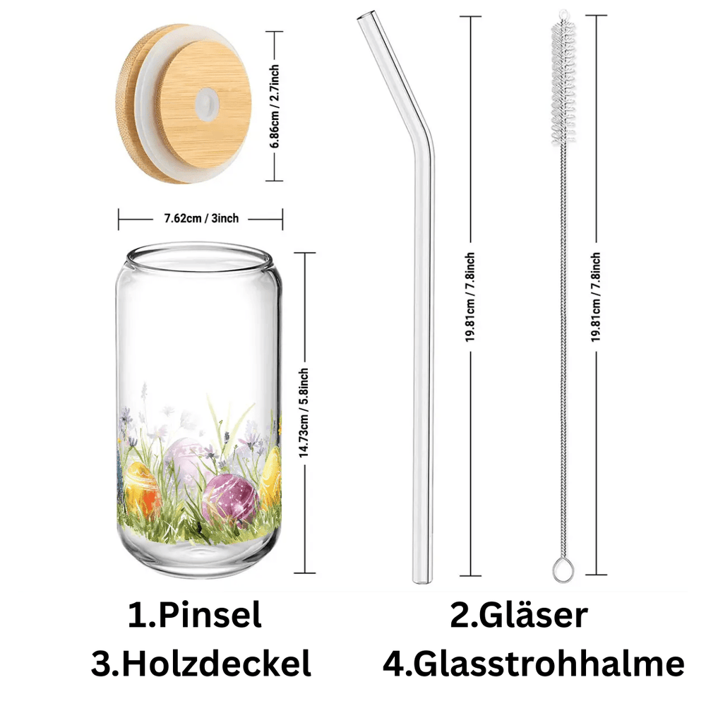 Alphynix Oster - Tee - Glas 500ml mit Holzdeckel & Glasstrohhalm - buntes Ei & Blumenmuster - MAOMAO