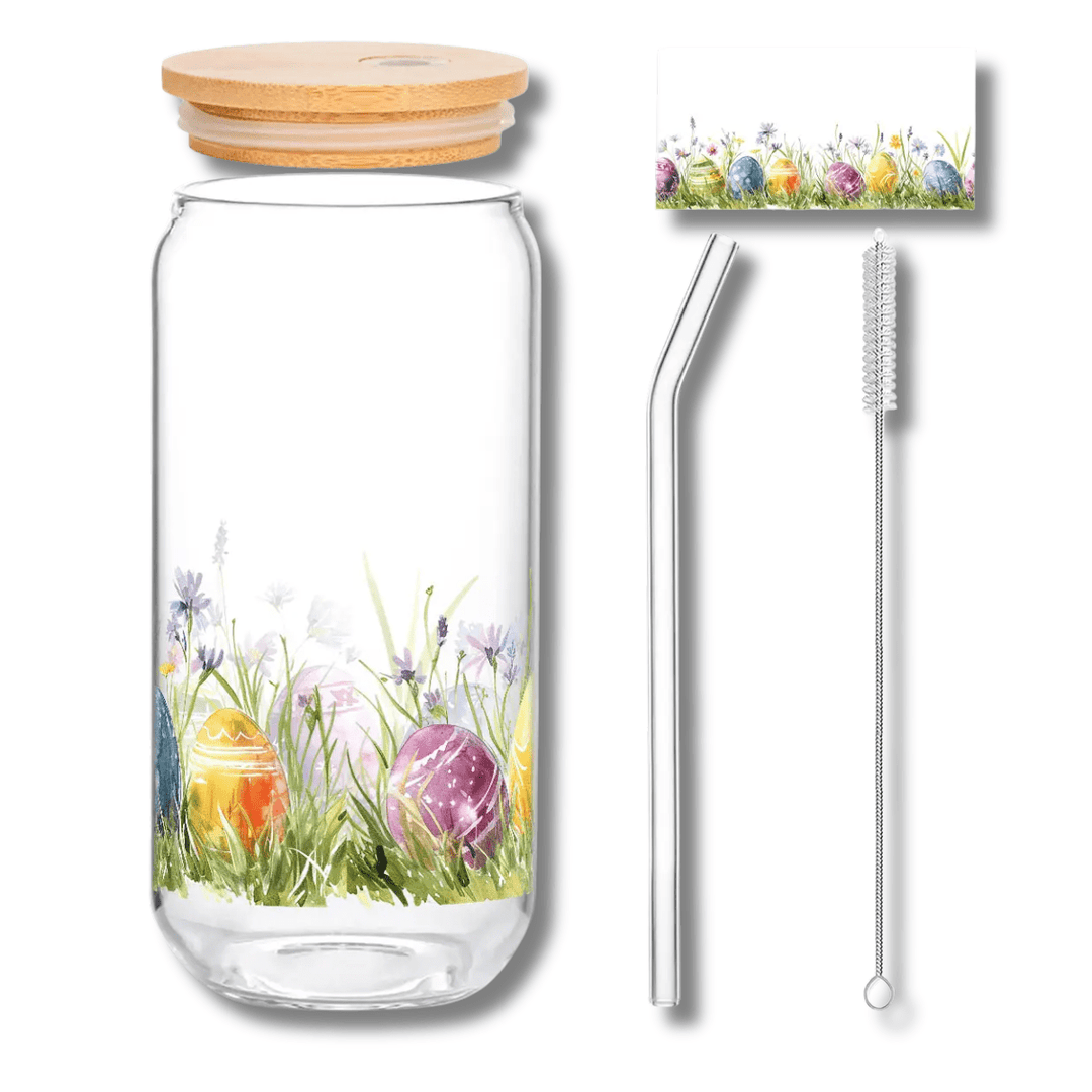 Alphynix Oster - Tee - Glas 500ml mit Holzdeckel & Glasstrohhalm - buntes Ei & Blumenmuster - MAOMAO