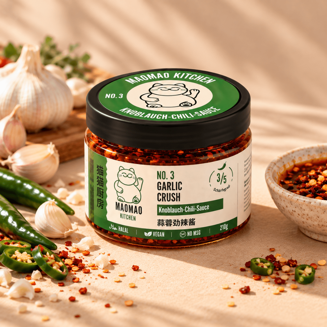 NO.3 Garlic Crush – Knoblauch-Chili-Sauce in der Dose, daneben frischer Knoblauch und Chilis