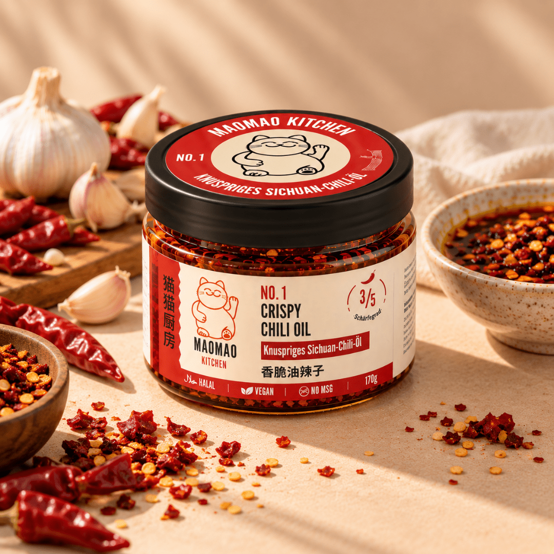 NO.1 Crispy Chili Oil – Knuspriges Sichuan-Chili-Öl in der Dose, daneben getrocknete Chilis und Sichuanpfeffer
