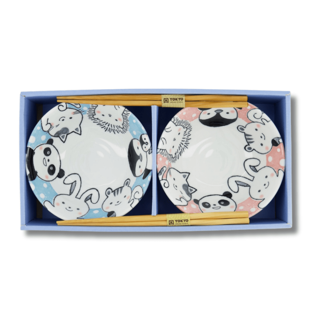 TOKYO DESIGN STUDIO Kawaii Animals Tayo Bowl Geschenkset 2 Stück mit Essstäbchen – 15,2x6,7 cm / 500 ml – Blau/Rosa - MAOMAO