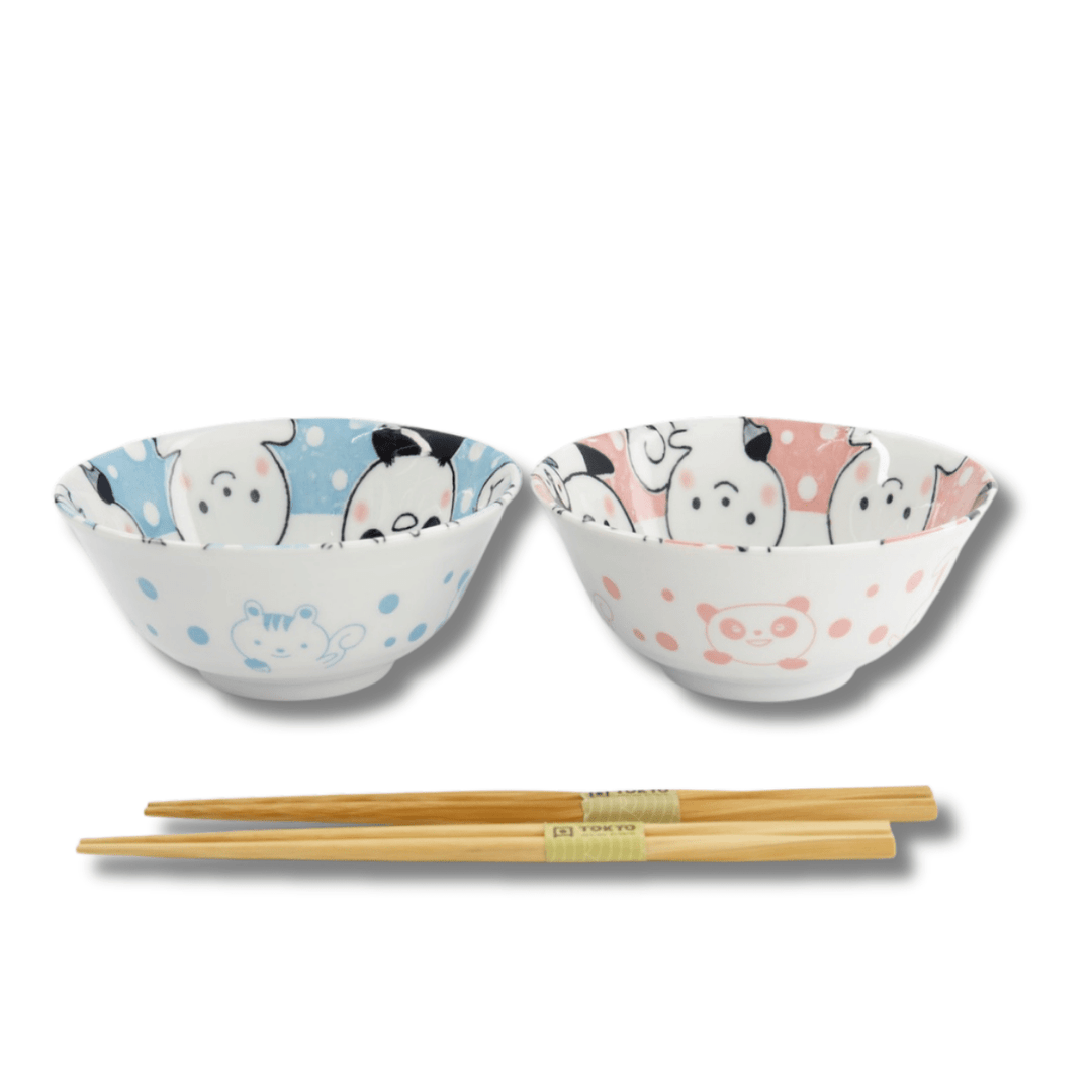 TOKYO DESIGN STUDIO Kawaii Animals Tayo Bowl Geschenkset 2 Stück mit Essstäbchen – 15,2x6,7 cm / 500 ml – Blau/Rosa - MAOMAO