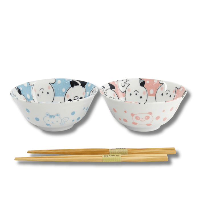 TOKYO DESIGN STUDIO Kawaii Animals Tayo Bowl Geschenkset 2 Stück mit Essstäbchen – 15,2x6,7 cm / 500 ml – Blau/Rosa - MAOMAO