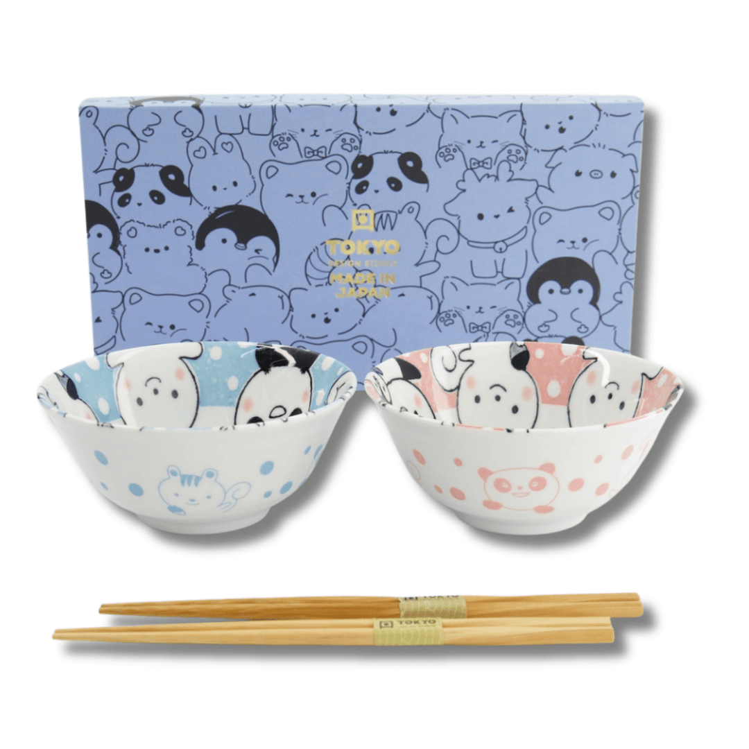 TOKYO DESIGN STUDIO Kawaii Animals Tayo Bowl Geschenkset 2 Stück mit Essstäbchen – 15,2x6,7 cm / 500 ml – Blau/Rosa - MAOMAO