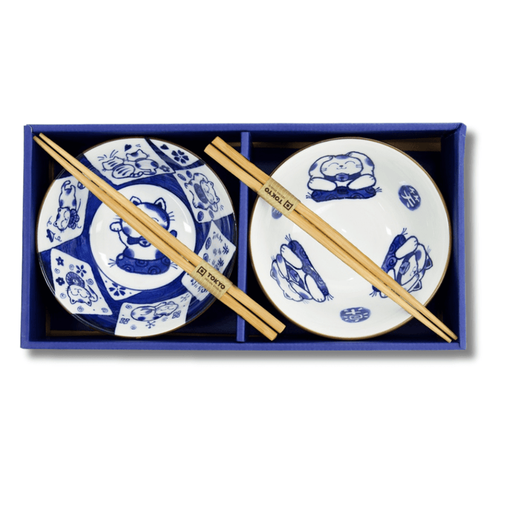 TOKYO DESIGN STUDIO Kawaii Cat Tayo Bowl Geschenkset 2 Stück mit Essstäbchen – 14,9x6,7 cm / 500 ml – Blau/Weiß - MAOMAO
