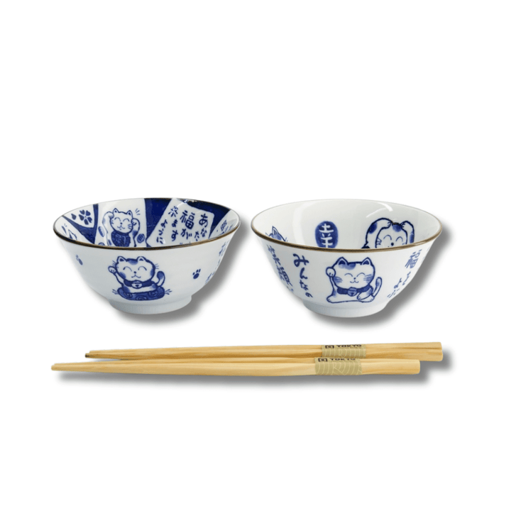 TOKYO DESIGN STUDIO Kawaii Cat Tayo Bowl Geschenkset 2 Stück mit Essstäbchen – 14,9x6,7 cm / 500 ml – Blau/Weiß - MAOMAO