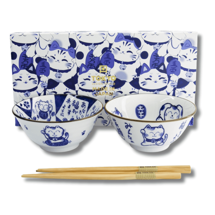 TOKYO DESIGN STUDIO Kawaii Cat Tayo Bowl Geschenkset 2 Stück mit Essstäbchen – 14,9x6,7 cm / 500 ml – Blau/Weiß - MAOMAO