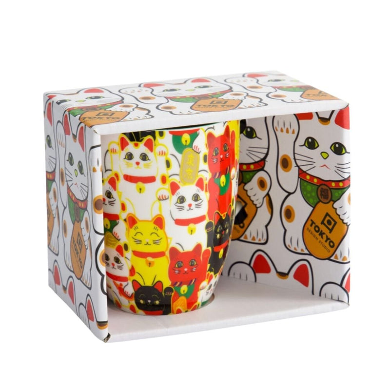 TOKYO DESIGN STUDIO Kawaii Glückskatze Tasse mit Geschenkschachtel – Bunte Katzen (8,5x10,2 cm, 380 ml)