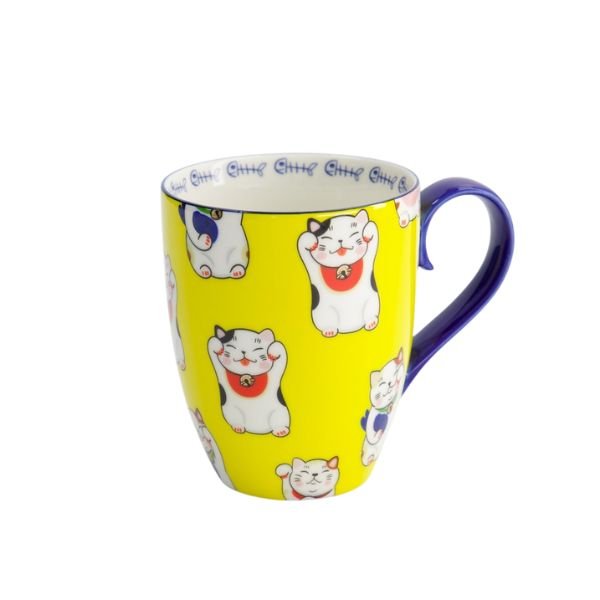 TOKYO DESIGN STUDIO Kawaii Glückskatze Tasse mit Geschenkschachtel – Gelbe klassische Katze (8,5x10,2 cm, 340 ml)