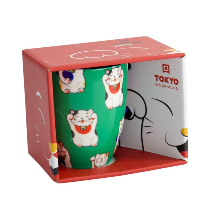 TOKYO DESIGN STUDIO Kawaii Glückskatze Tasse mit Geschenkschachtel – Grüne klassische Katze (8,5x10,2 cm, 380 ml) - MAOMAO