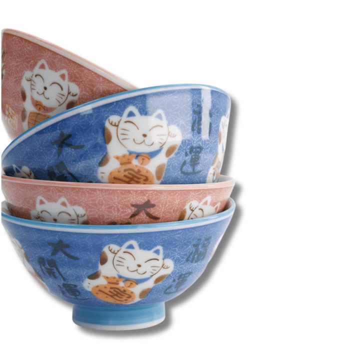TOKYO DESIGN STUDIO Kawaii Lucky Cat Blue/Pink Reisschalen Geschenkset 4 Stück – 11,3x5,8 cm / 300 ml (A) - MAOMAO