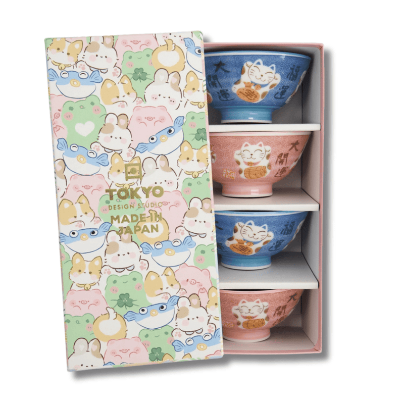 TOKYO DESIGN STUDIO Kawaii Lucky Cat Blue/Pink Reisschalen Geschenkset 4 Stück – 11,3x5,8 cm / 300 ml (A)