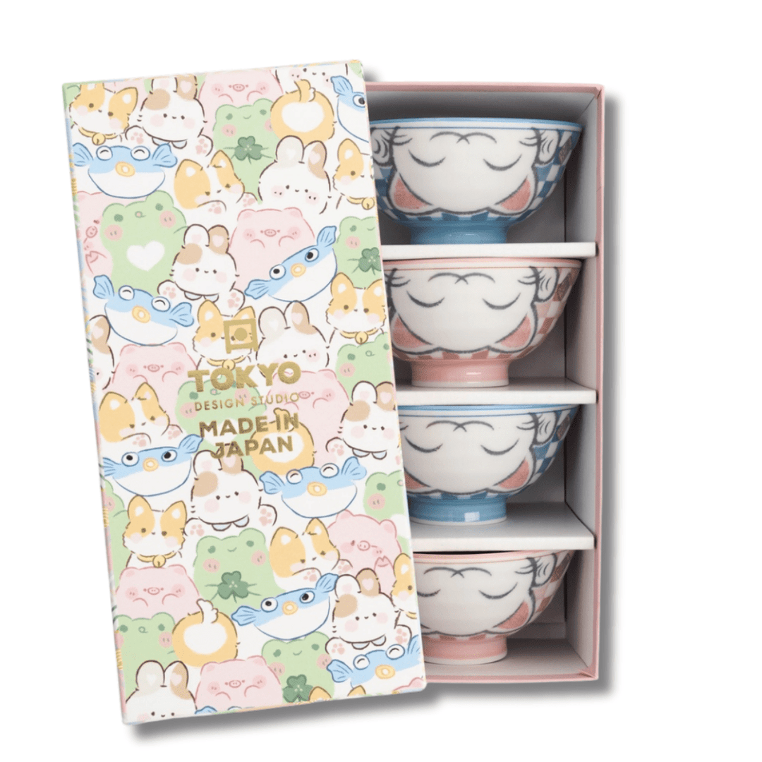 TOKYO DESIGN STUDIO Kawaii Lucky Cat Blue/Pink Reisschalen Geschenkset 4 Stück – 11,3x5,8 cm / 300 ml (B) - MAOMAO