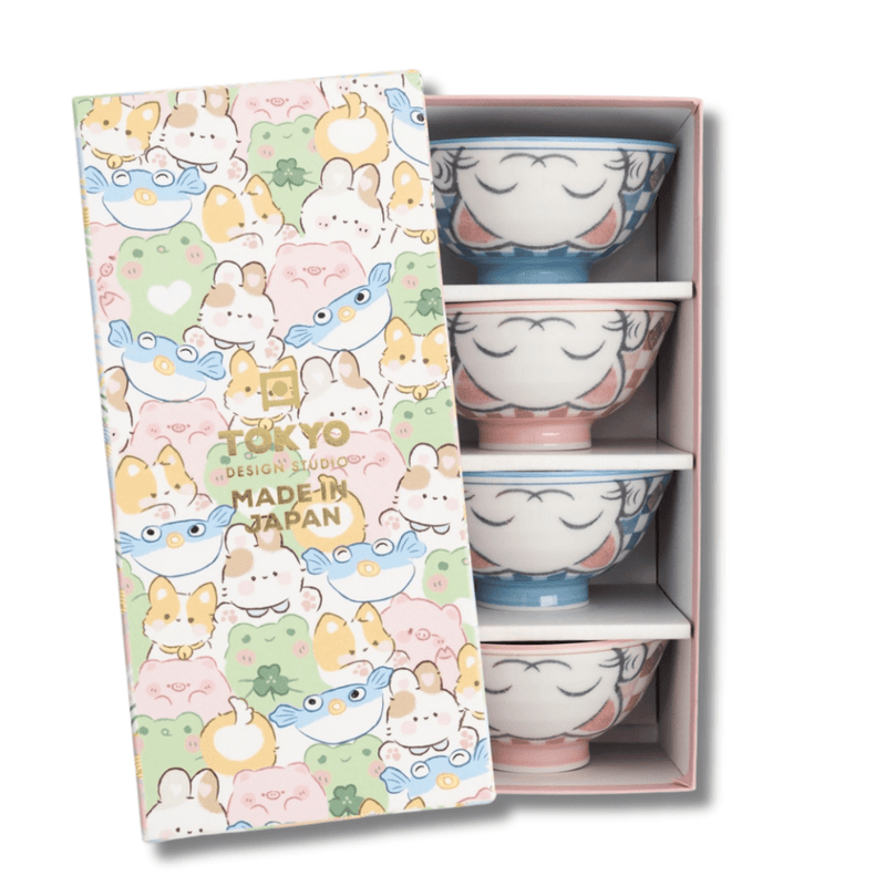 TOKYO DESIGN STUDIO Kawaii Lucky Cat Blue/Pink Rice Bowl Gift Set 4 Pieces – 11.3x5.8 cm / 300 ml (B)
