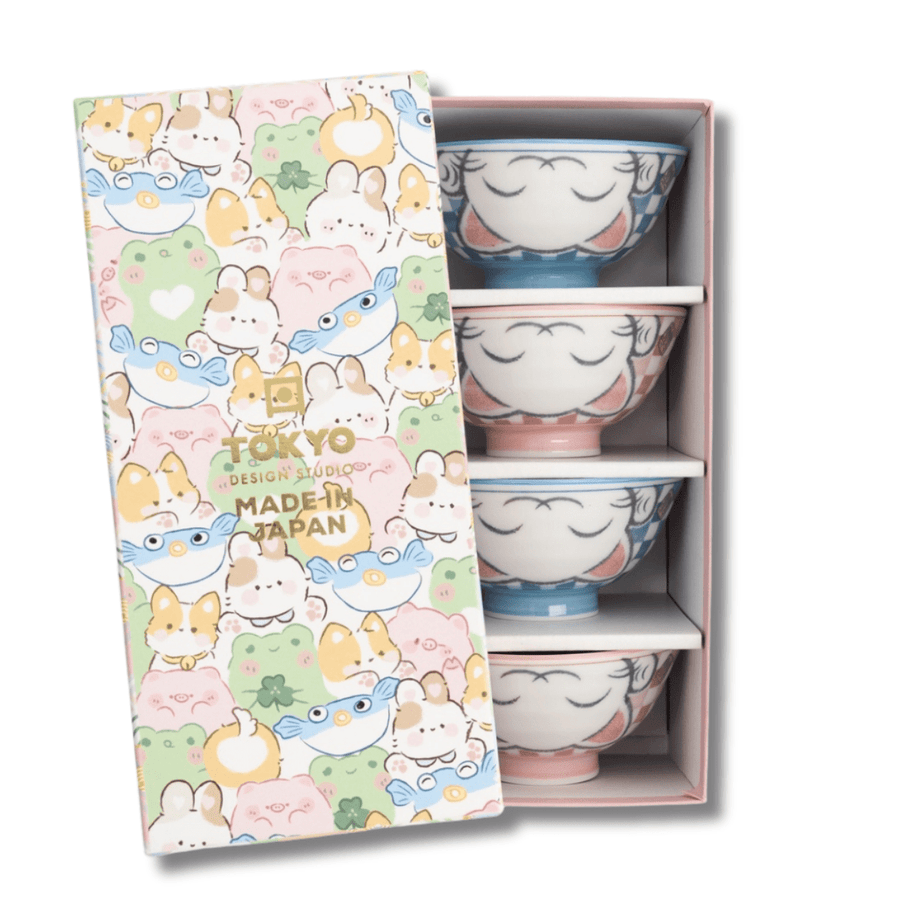 TOKYO DESIGN STUDIO Kawaii Lucky Cat Blue/Pink Reisschalen Geschenkset 4 Stück – 11,3x5,8 cm / 300 ml (B) - MAOMAO