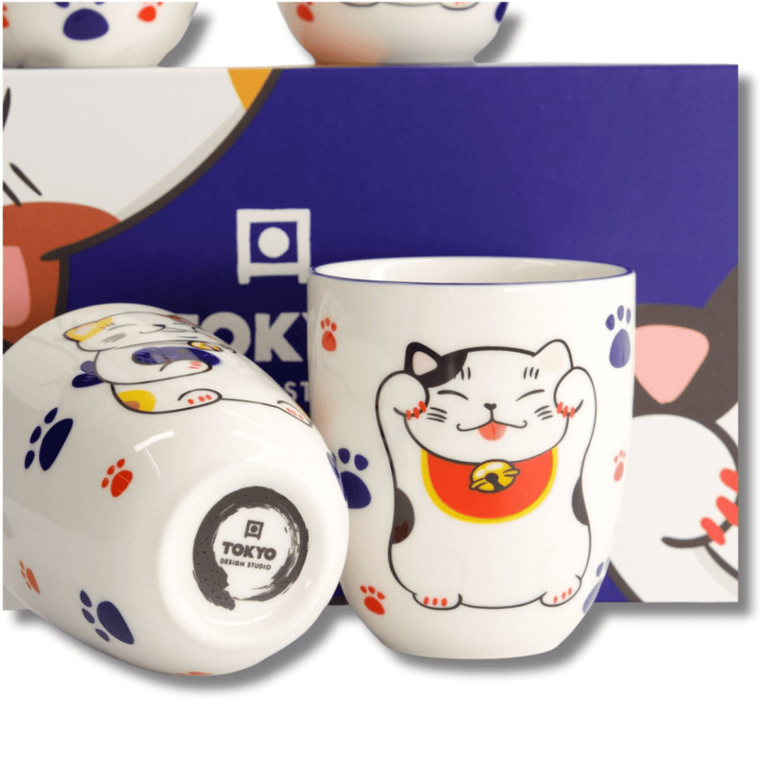 TOKYO DESIGN STUDIO Kawaii Lucky Cat Cup Geschenkset 4 Stück – 7x8 cm / 170 ml - MAOMAO