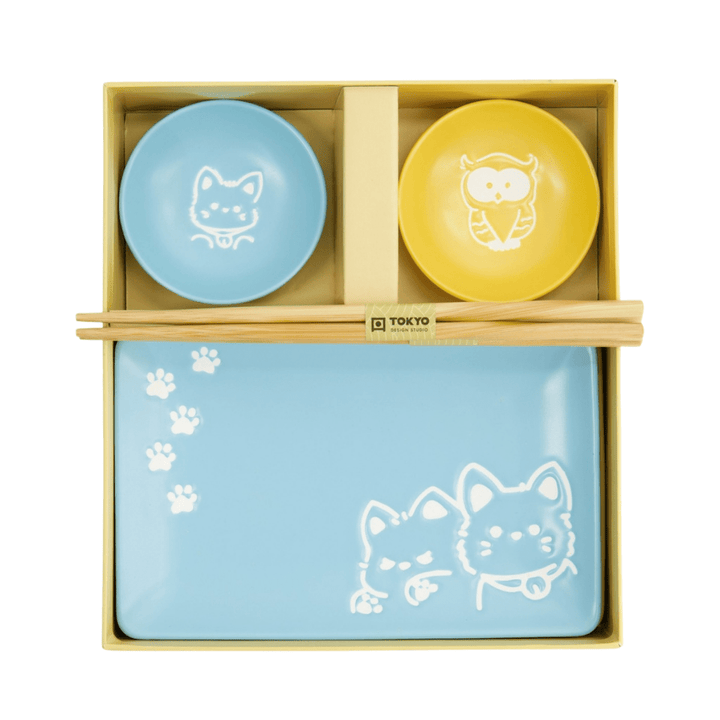 TOKYO DESIGN STUDIO Kawaii Shiba Owl Sushi Geschenkset 6 - teilig – Blau/Gelb - MAOMAO