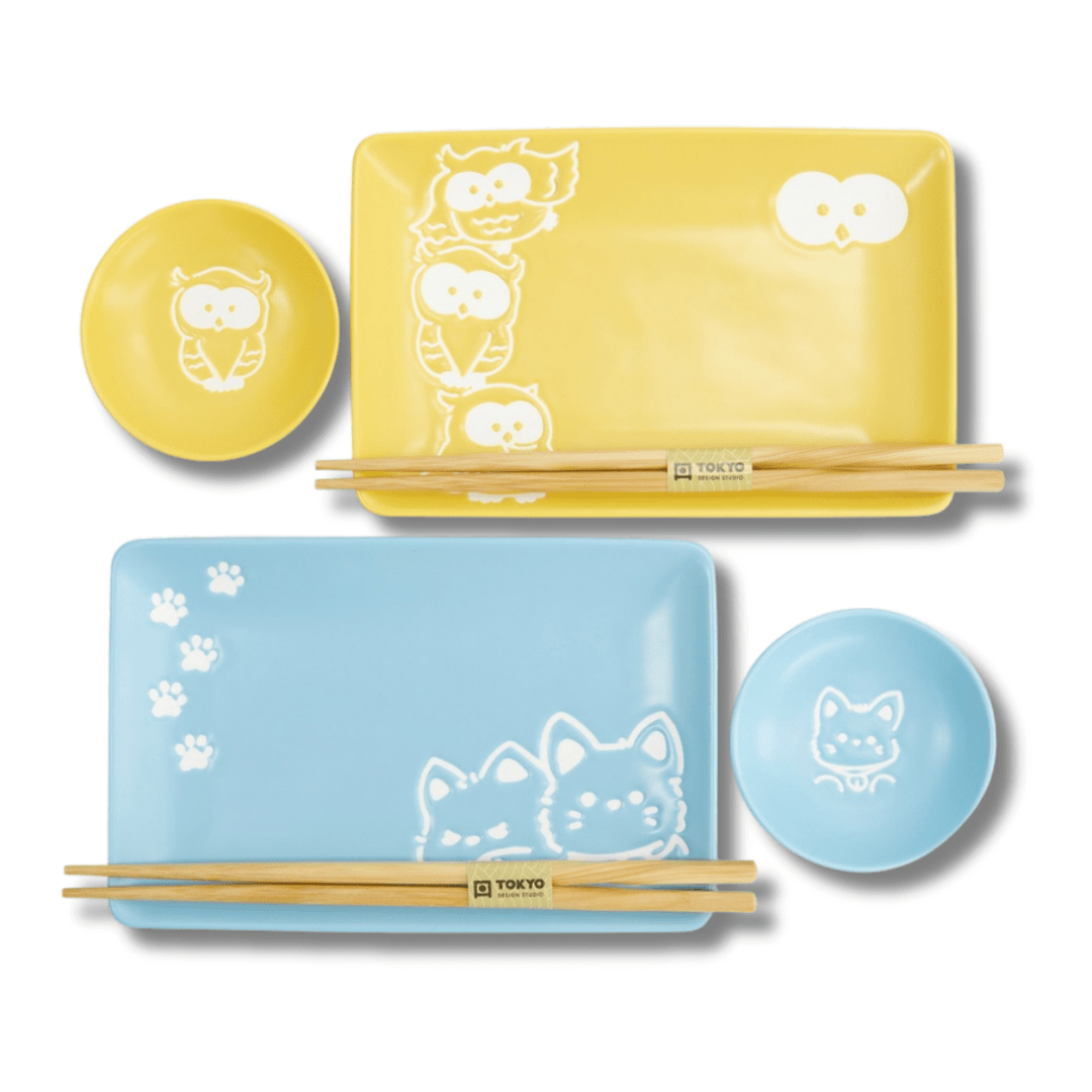 TOKYO DESIGN STUDIO Kawaii Shiba Owl Sushi Geschenkset 6 - teilig – Blau/Gelb - MAOMAO