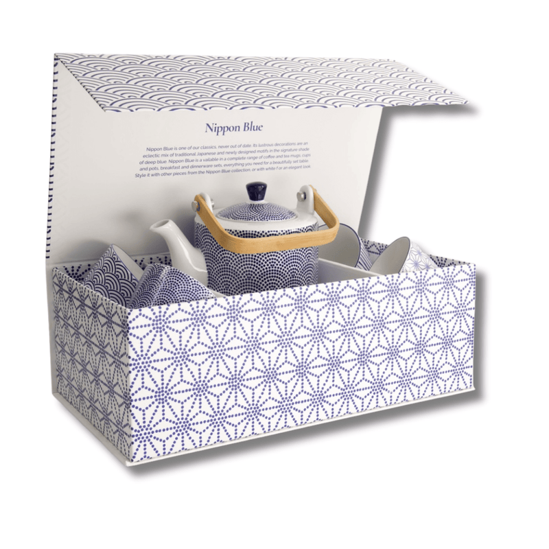 TOKYO DESIGN STUDIO Nippon Blue Tea Giftset Dots 0,8 l mit 4 Tassen – Lines/Star/Dots/Wave