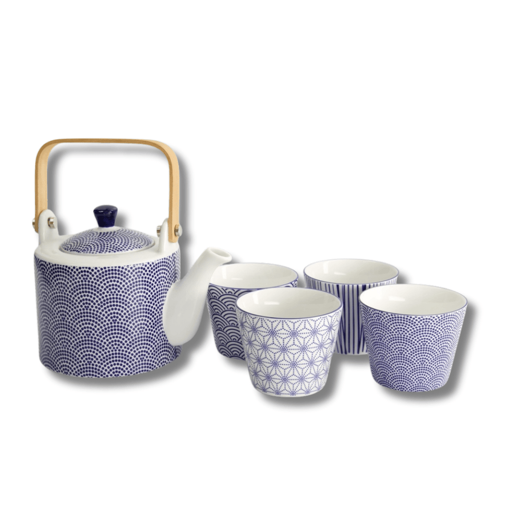 TOKYO DESIGN STUDIO Nippon Blue Tea Giftset Dots 0,8 l mit 4 Tassen – Lines/Star/Dots/Wave - MAOMAO