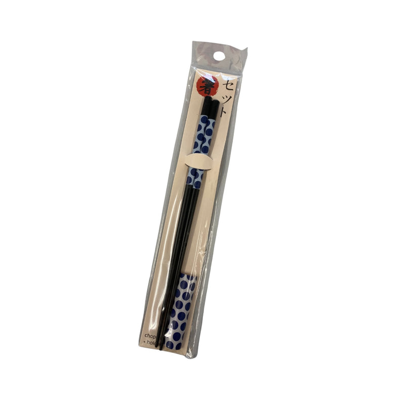 Chopsticks with blue dots 1 pair and chopstick holder